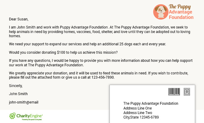 The Puppy Advantage Foundation created a direct mail letter for their multi-channel fundraising campaign. 