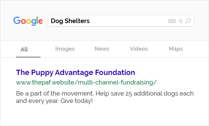 The Puppy Advantage Foundation invested in Google ads for their multi-channel fundraising campaign. 