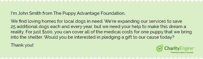 This is an example of a pledge fundraising script for The Puppy Advantage Foundation's multi-channel fundraising campaign. 