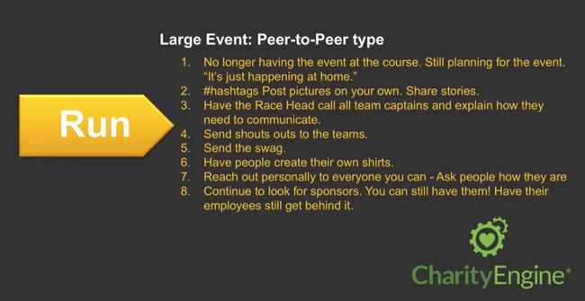 Large peer-to-peer virtual fundraising events require specific steps to execute the event effectively.