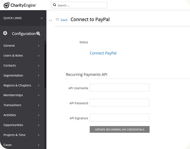 screenshot of PayPal configuration in CharityEngine platform