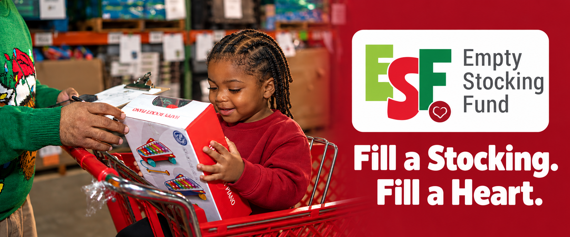 Fill a Stocking. Fill a Heart. A child receiving a holiday gift from Empty Stocking Fund