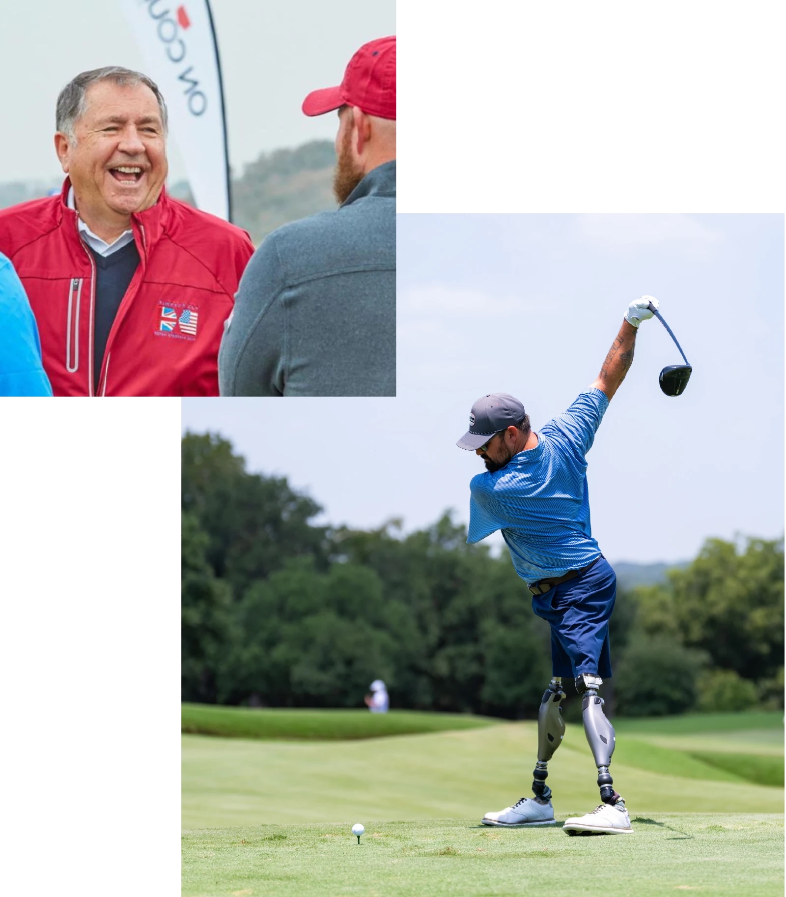 collage with On Course Foundation founder John Simpson MBE and injured veterans golfing